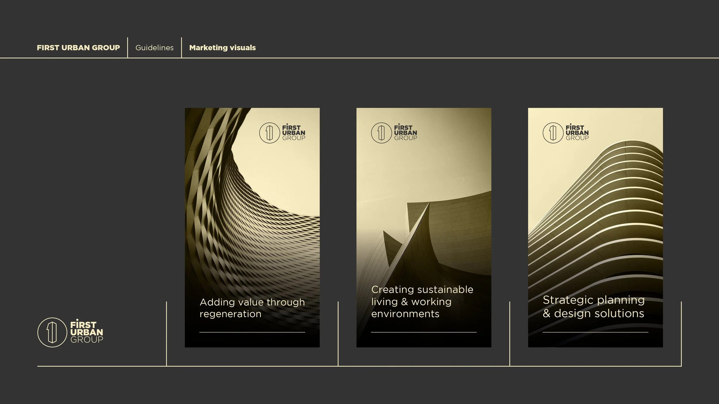 Three architectural posters with a monochrome color scheme. The first shows a spiral building design with the text 'Adding value through regeneration'. The second depicts a modern building with the text 'Creating sustainable living & working environm