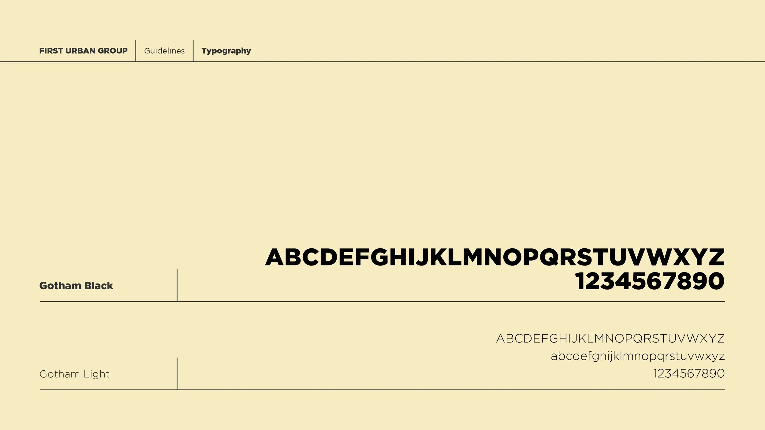 A typography style guide with the title 'First Urban Group   Guidelines   Typography'. The guide showcases the Gotham Black and Gotham Light fonts, displaying uppercase and lowercase alphabets and numbers in each font style.