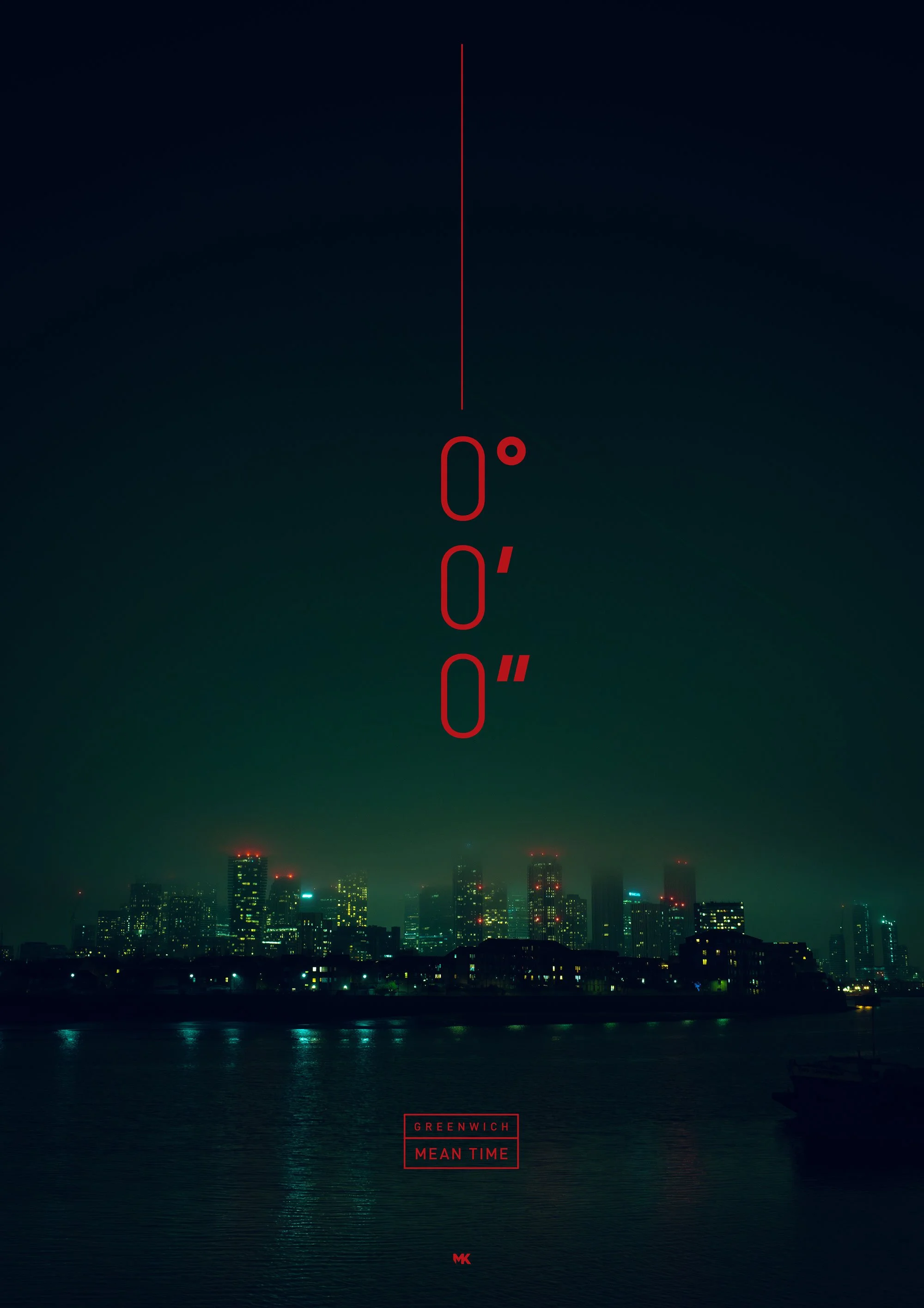 Nighttime city skyline with reflections on the water, overlaid with vertical red lines and text reading 'Greenwich Mean Time'}
