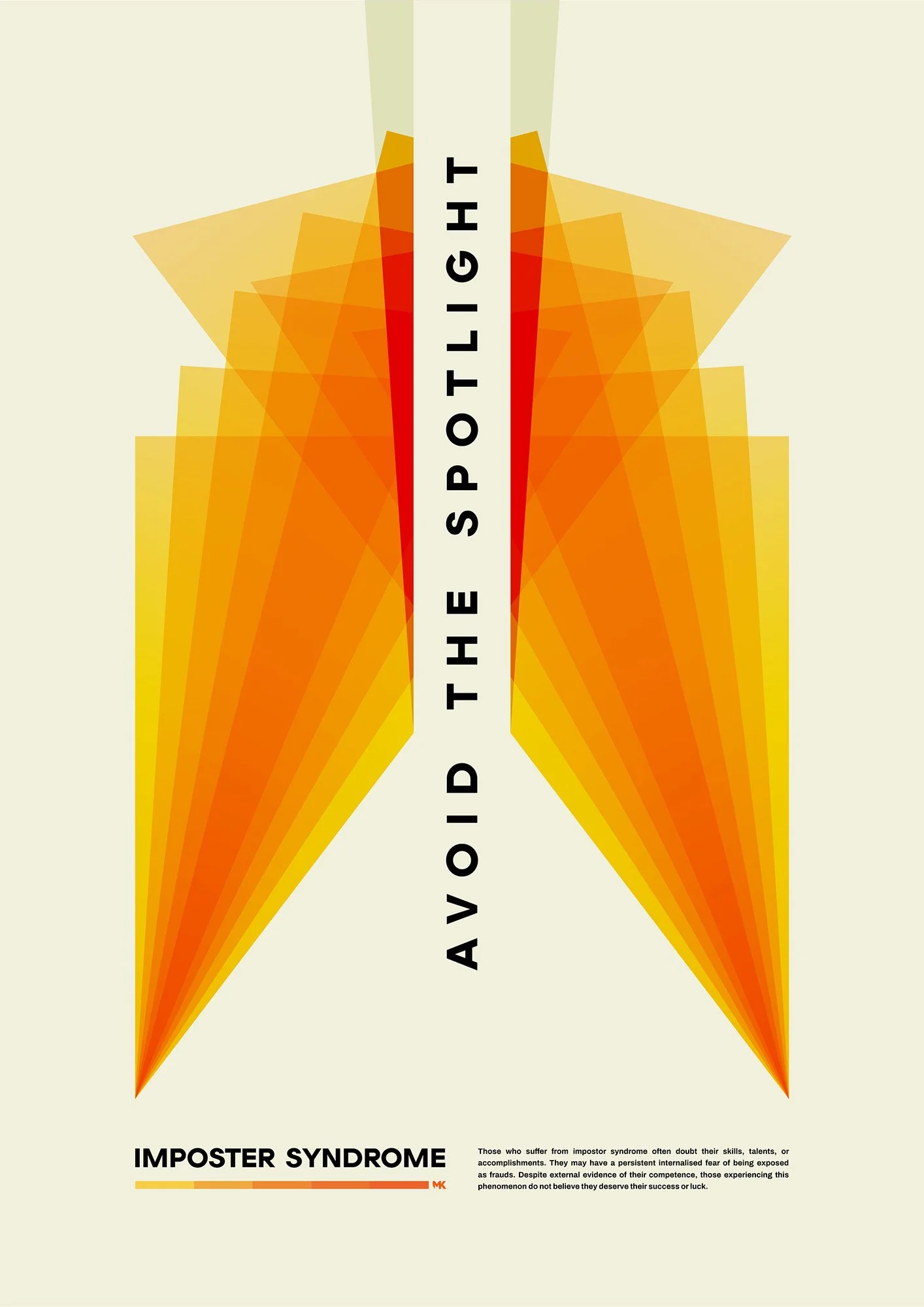 A stylized graphic of two overlapping yellow and orange arrows pointing downward, with the words "The Spotlight" in the middle. Below, the phrase "Imposter Syndrome" appears in bold black text along with a brief description of imposter syndrome and a
