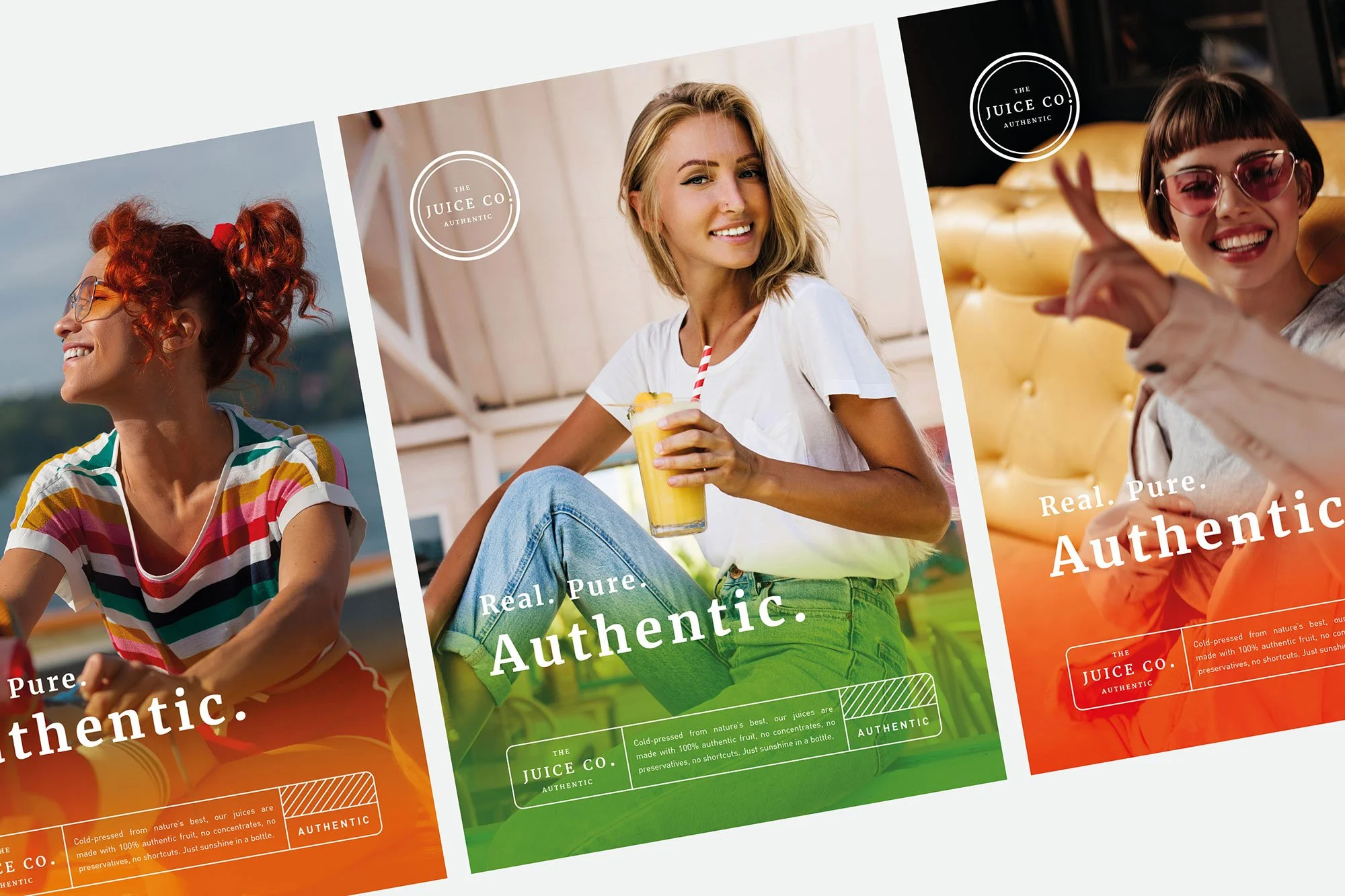 Close-up of colorful juice product packages with images of smiling women enjoying drinks, featuring branding 'The Juice Co. Authentic' and the phrase 'Real. Pure. Authentic.'