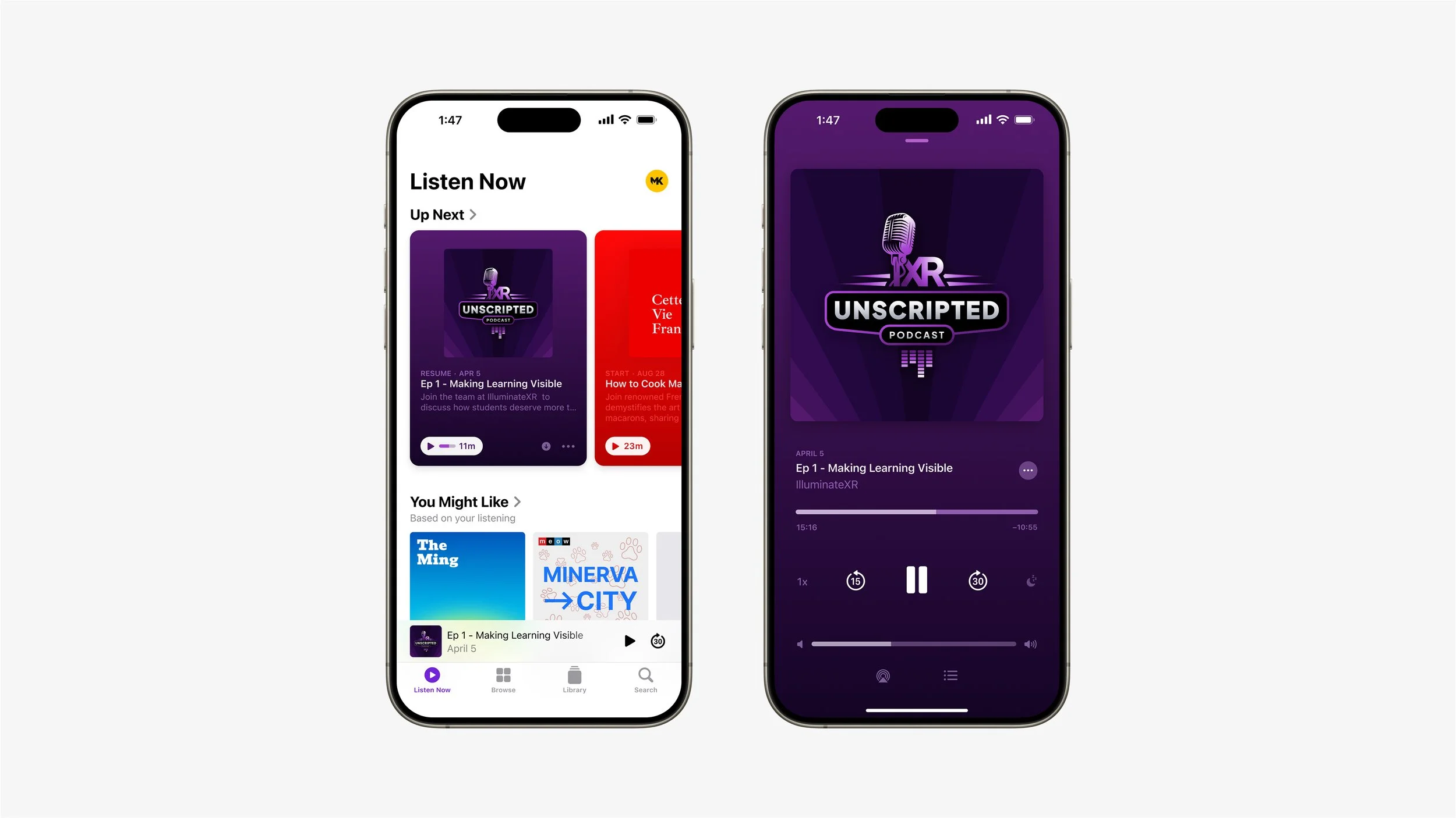 Two smartphones displaying different screens of a podcast app. The left phone shows a podcast library with episode details, and the right phone shows a podcast playing screen with a purple background and podcast logo.