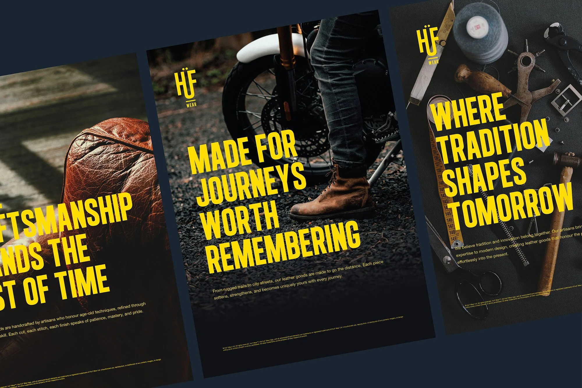 Three overlapping images with yellow text. The first shows a leather ball with it resting on a wooden surface, the second shows a person riding a motorcycle on a dirt trail, and the third shows various tools and a bottle on a black surface.