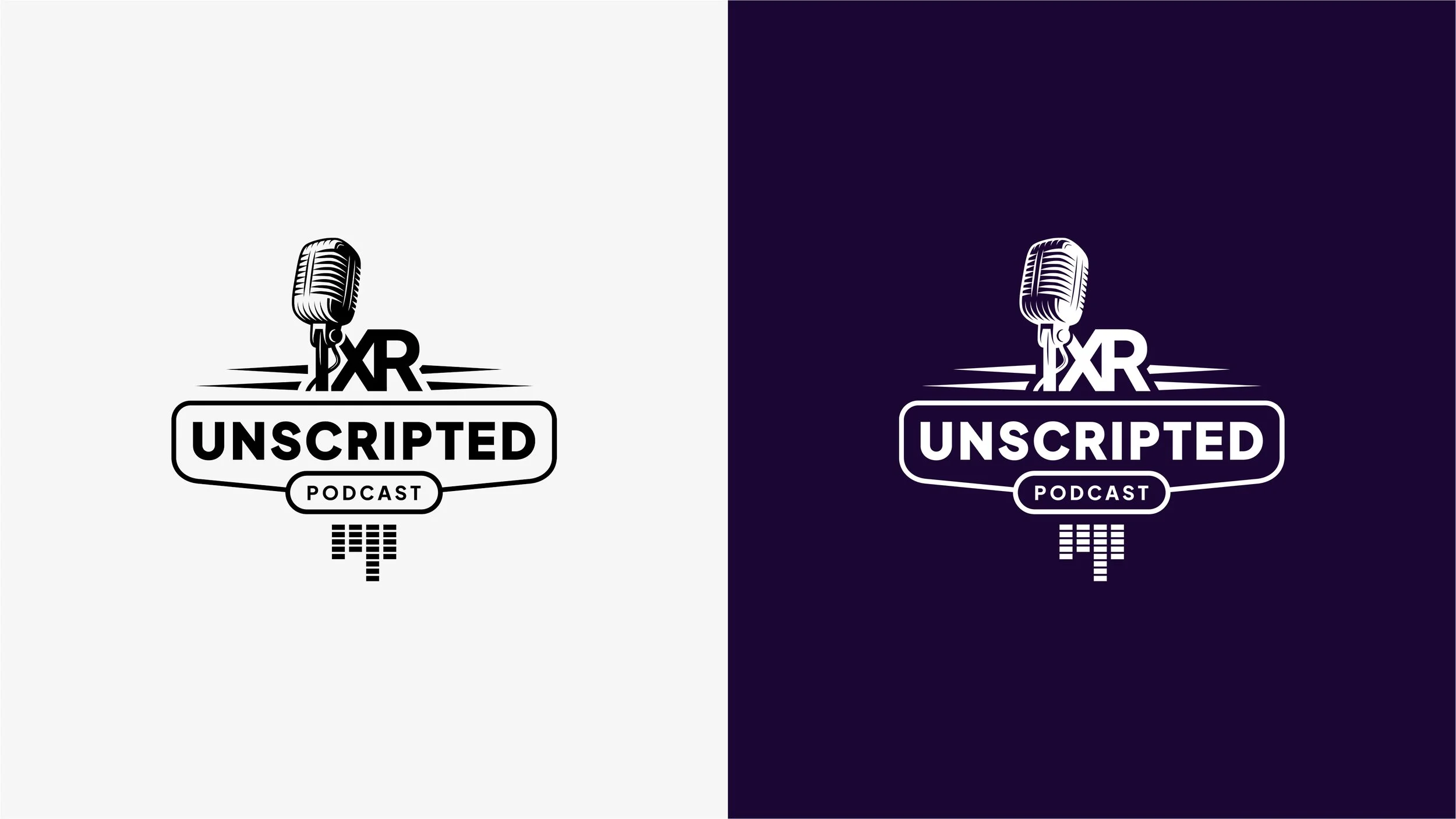 Two versions of a podcast logo with a vintage microphone, the word 'XR' above 'UNSCRIPTED' and 'PODCAST' below, each on a different background color, gray on the left and dark purple on the right.