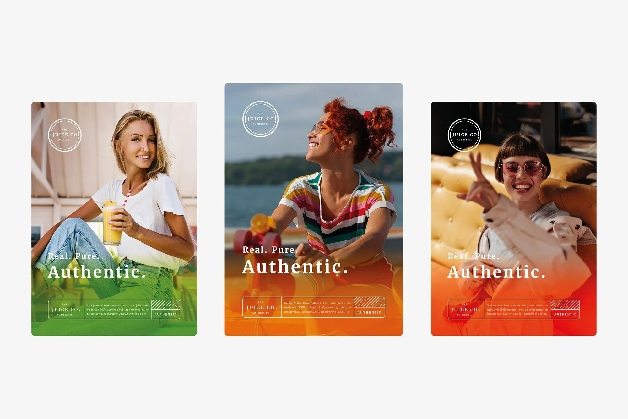 Three colorful juice drink packages with images of women enjoying the drinks and the words "Real. Pure. Authentic." on each package.