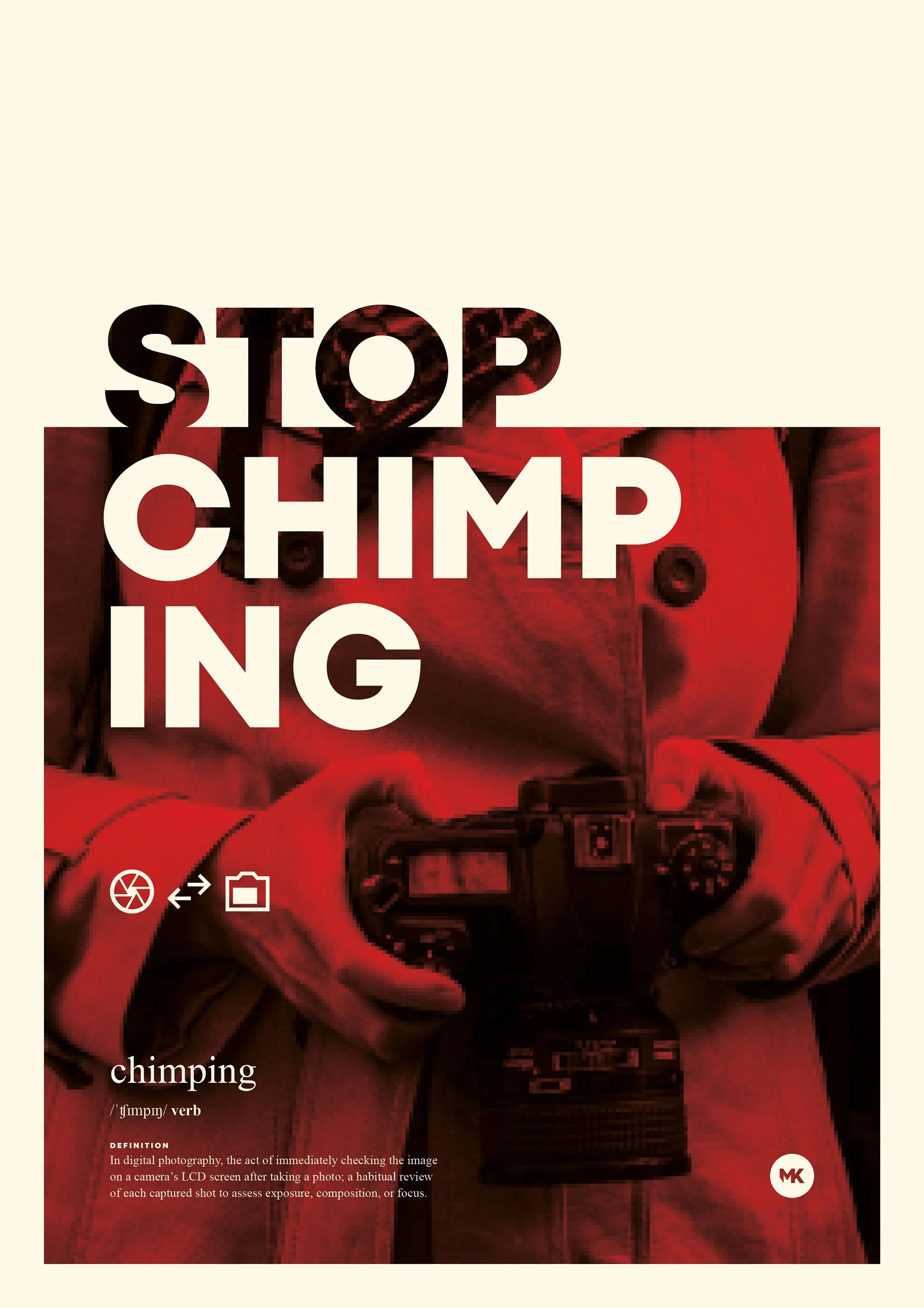 A person wearing a hoodie and gloves holding a camera with a red filter. The image contains text overlapping the person that says 'STOP CHIMPING IN' and smaller text defining 'chipping' as digital photography practice.