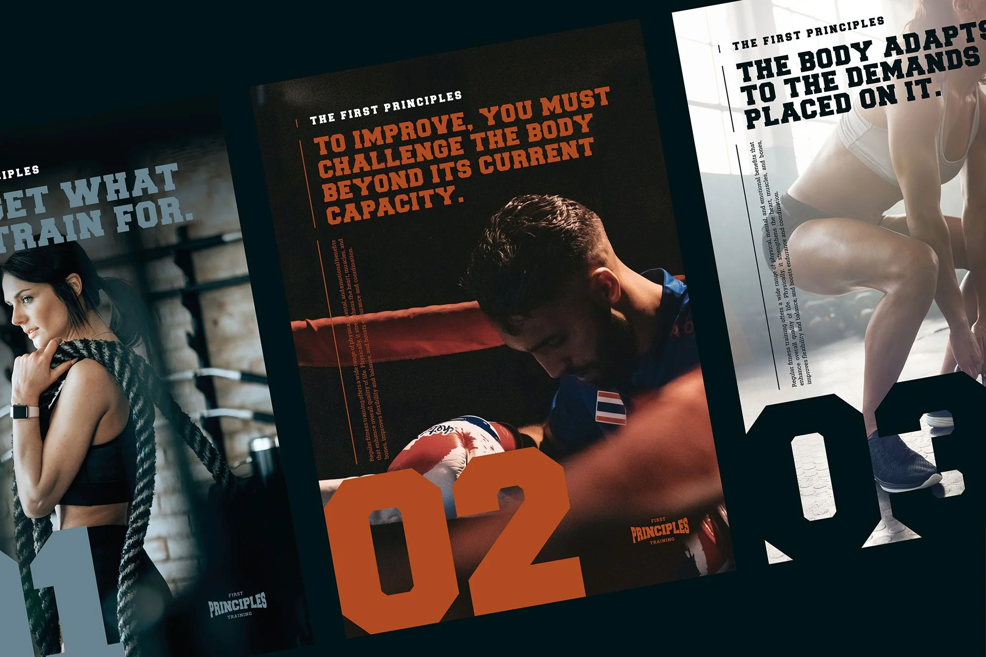 Close-up of fitness brochures featuring people engaging in workout activities. The visible text emphasizes principles for physical training and body adaptation.