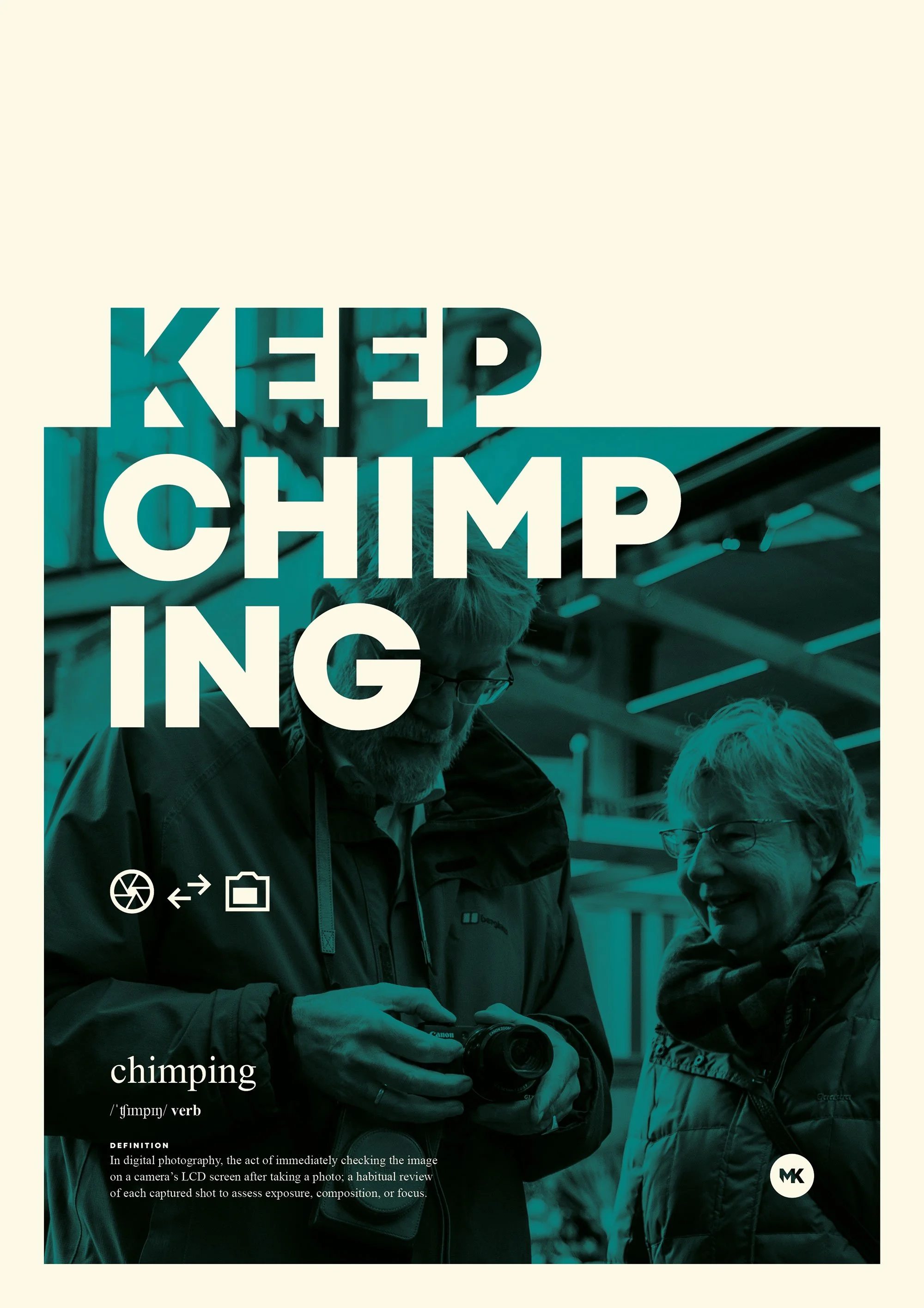 Two elderly women and a man in a modern indoor setting, looking at a camera; overlaid with text about 'KEEP CHIMPING IN' and digital photography, with icons for camera functions.