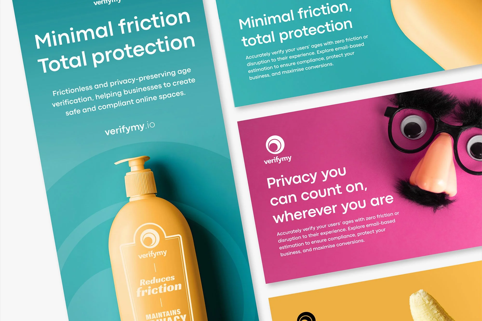 Close-up of colorful marketing flyers promoting privacy protection and minimal friction online. The flyers feature text about verifying ages and reducing friction, with images of a yellow pump bottle and a pink mask with glasses and a nose. Part of a