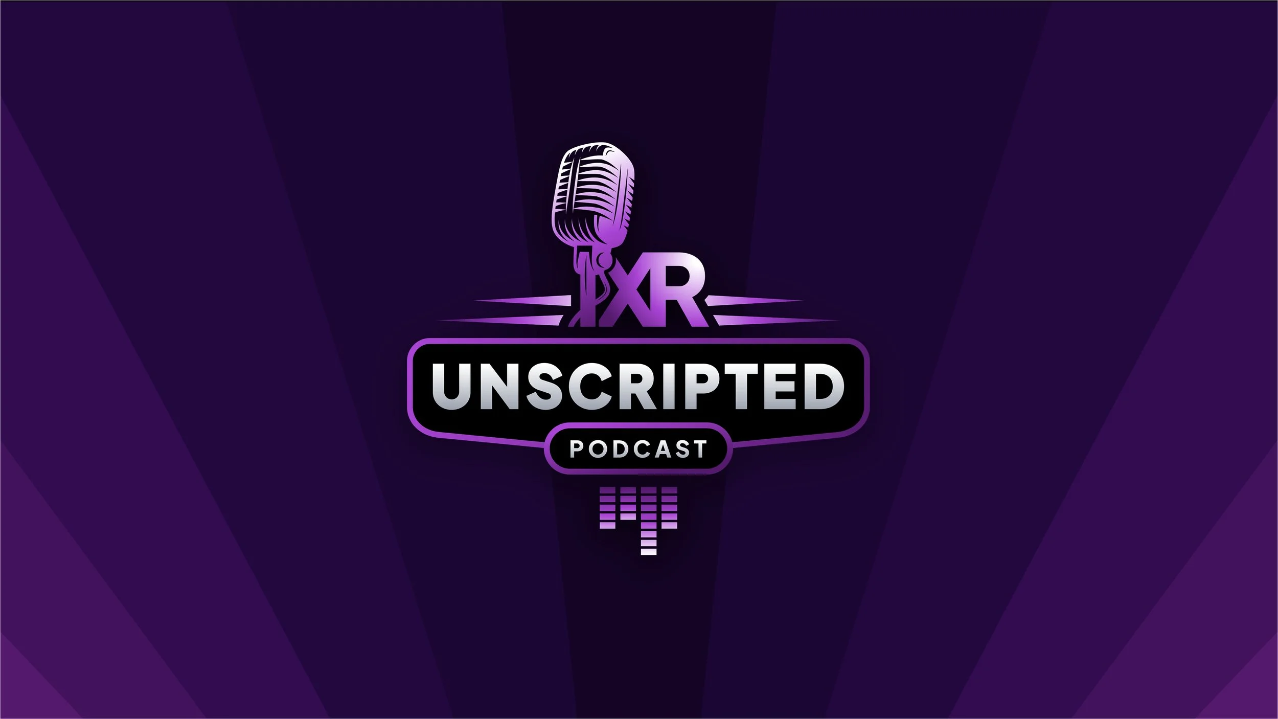 Podcast logo with a purple background, featuring a microphone, the text 'XR Unscriped', and the word 'Podcast' inside a black rounded rectangle.