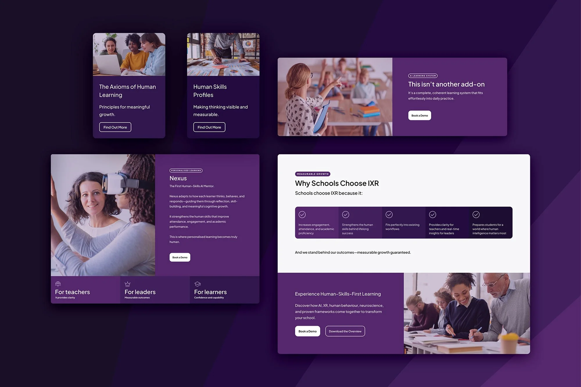 Screenshots of a website promoting human skills learning and development, featuring images of diverse people in educational settings and information about a learning system called IXR.