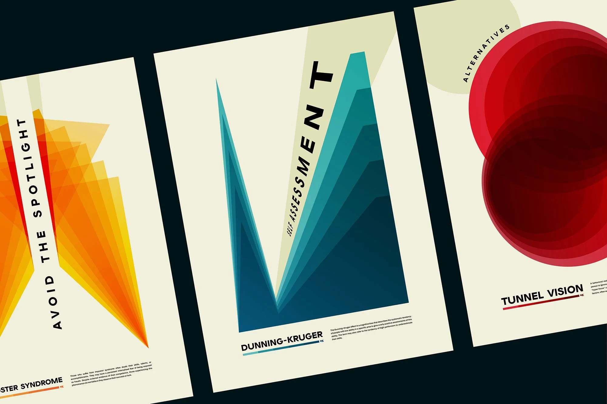 Close-up of academic journal covers featuring titles such as "The Avoidance of the Spotlight High," "Dunning-Kruger," and "Tunnel Vision," with colorful graphical elements.