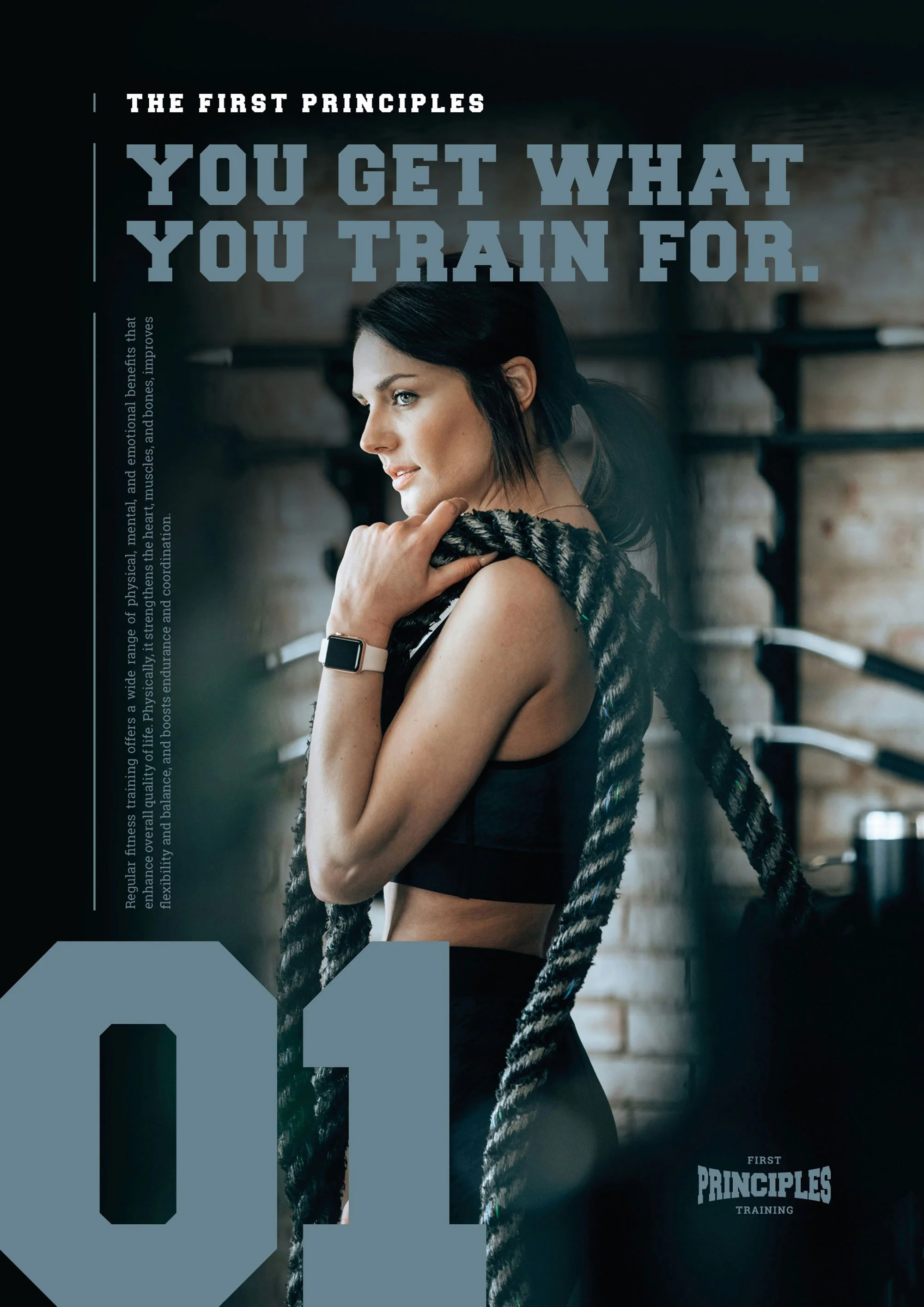A woman with dark hair and light skin is holding a thick black and gray rope while standing in a gym. She is wearing a black sports bra and a smartwatch on her left wrist. The background features a brick wall and gym equipment, and there are bold tex
