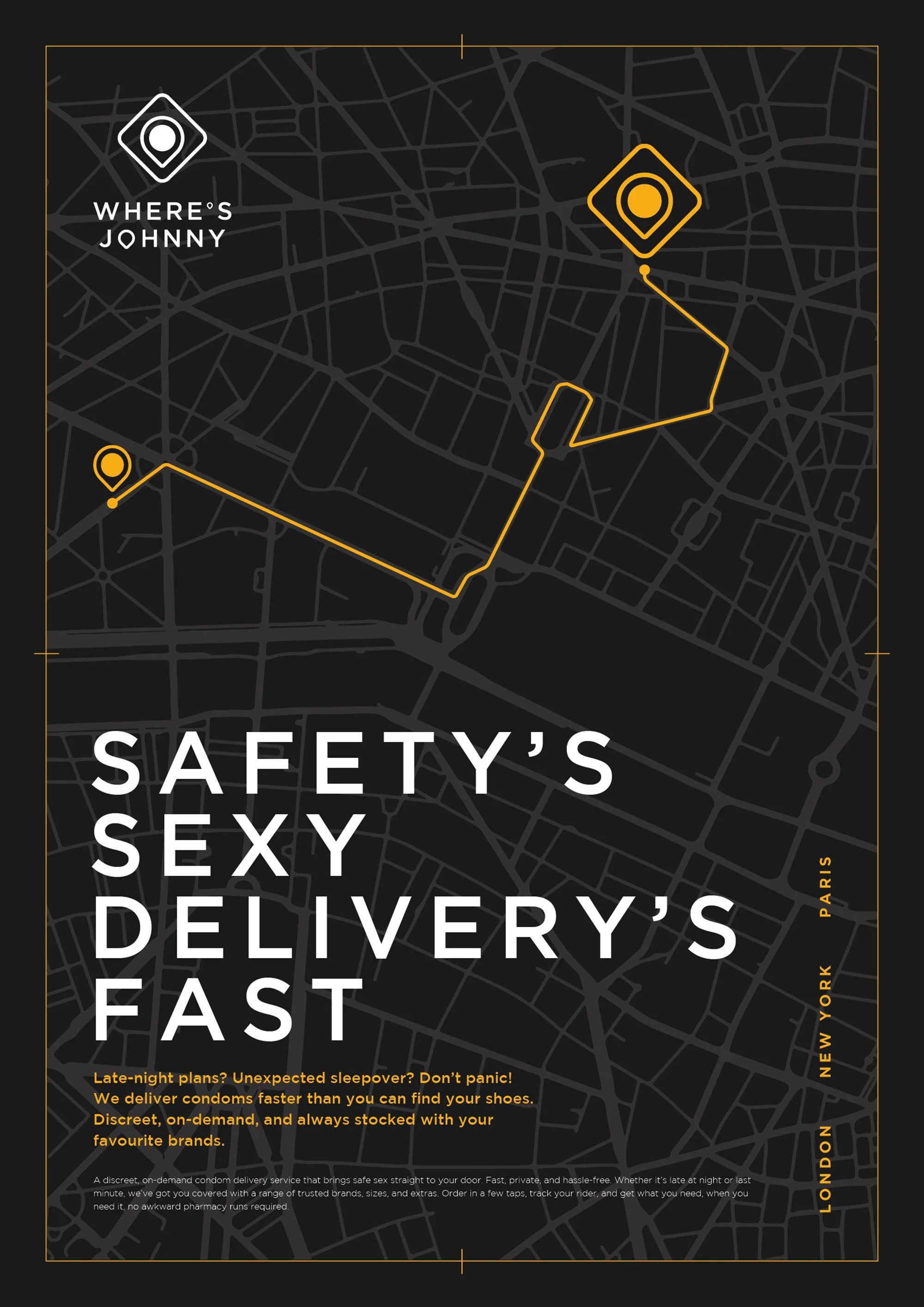 A dark map background with yellow and white text and icons, promoting a discreet condom delivery service in New York, London, and Paris, highlighting fast, on-demand delivery and a range of trusted brands.