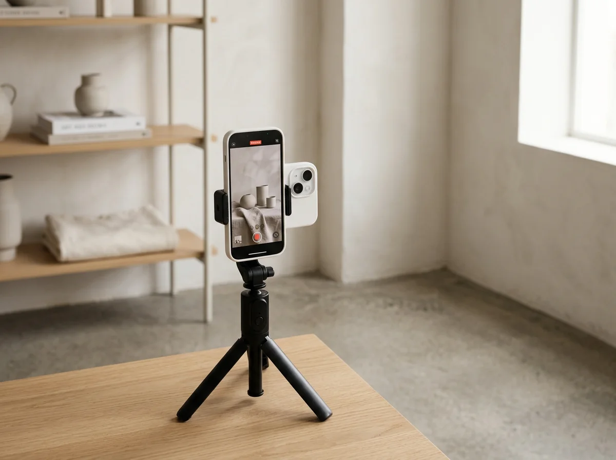 Smartphone mounted on a compact tripod filming a minimalist room with shelves and decor