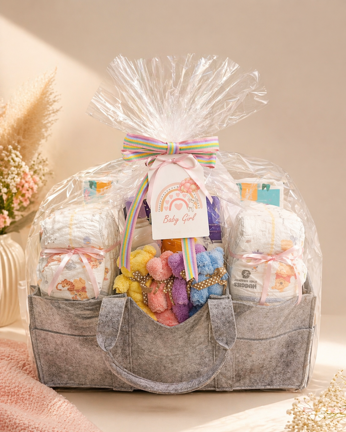 Baby girl gift basket with diapers, plush toys, and a tag saying "Baby Girl" decorated with ribbons and packaging.