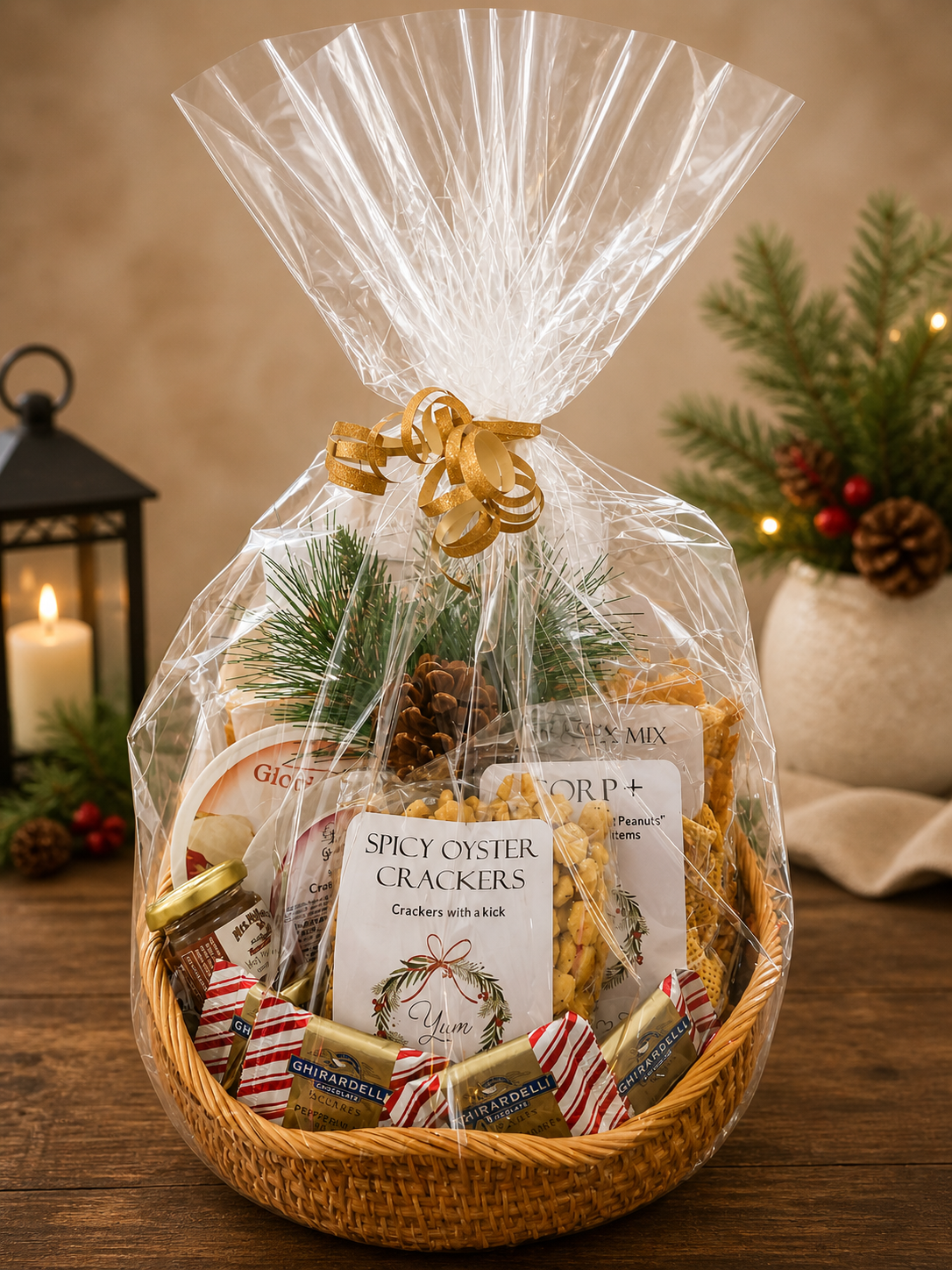 Gift basket with holiday snacks, including spicy oyster crackers, gummy candies, and chocolates, wrapped in clear cellophane with gold ribbons, on a wooden table with a Christmas tree and candle in the background.