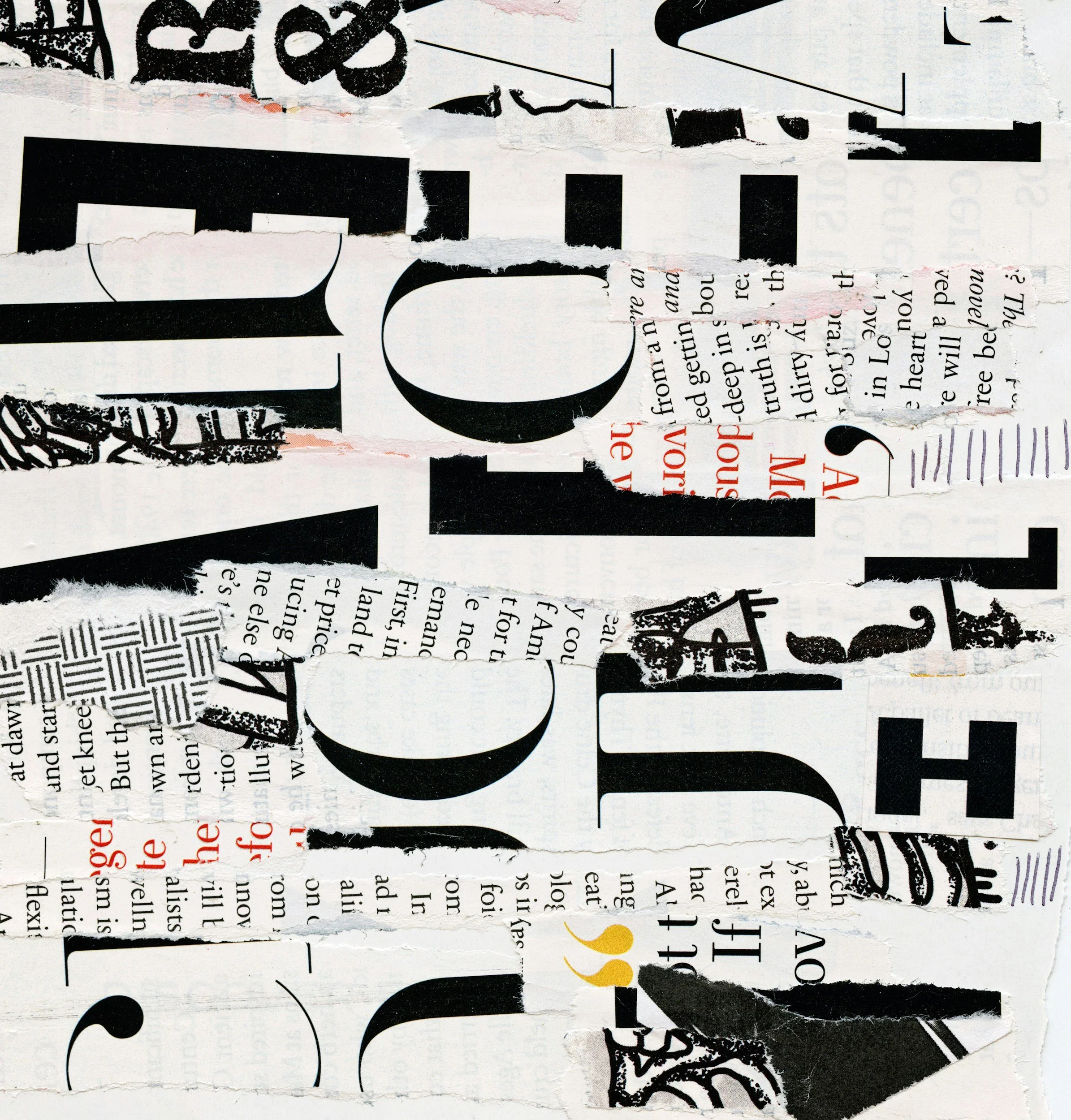 Close-up photo of a torn collage of black-and-white and colored printed paper with text, graphics, and abstract designs.