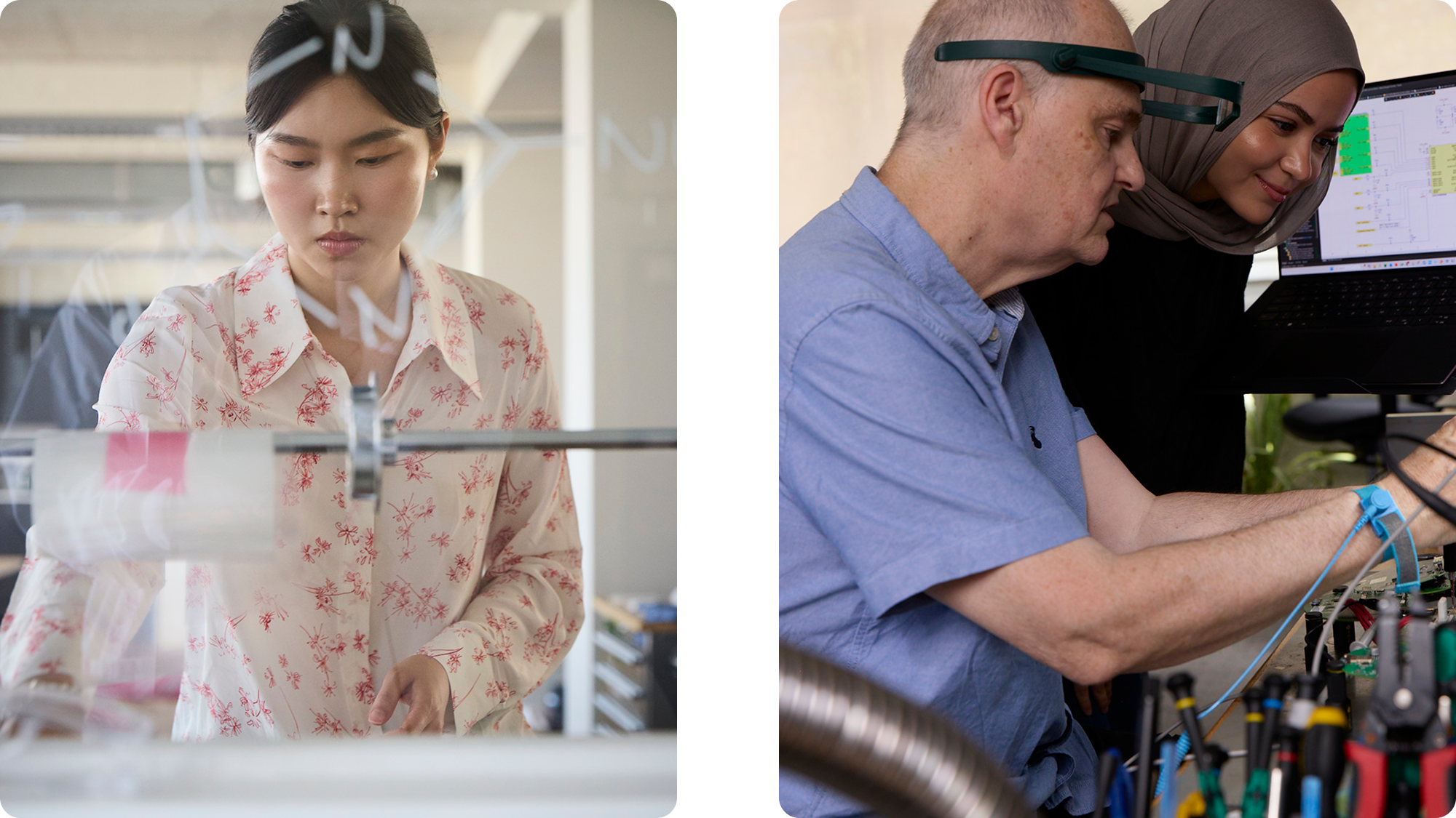 A woman iworking on a science experiment, with a man and a woman in the background working on electronics or engineering projects.