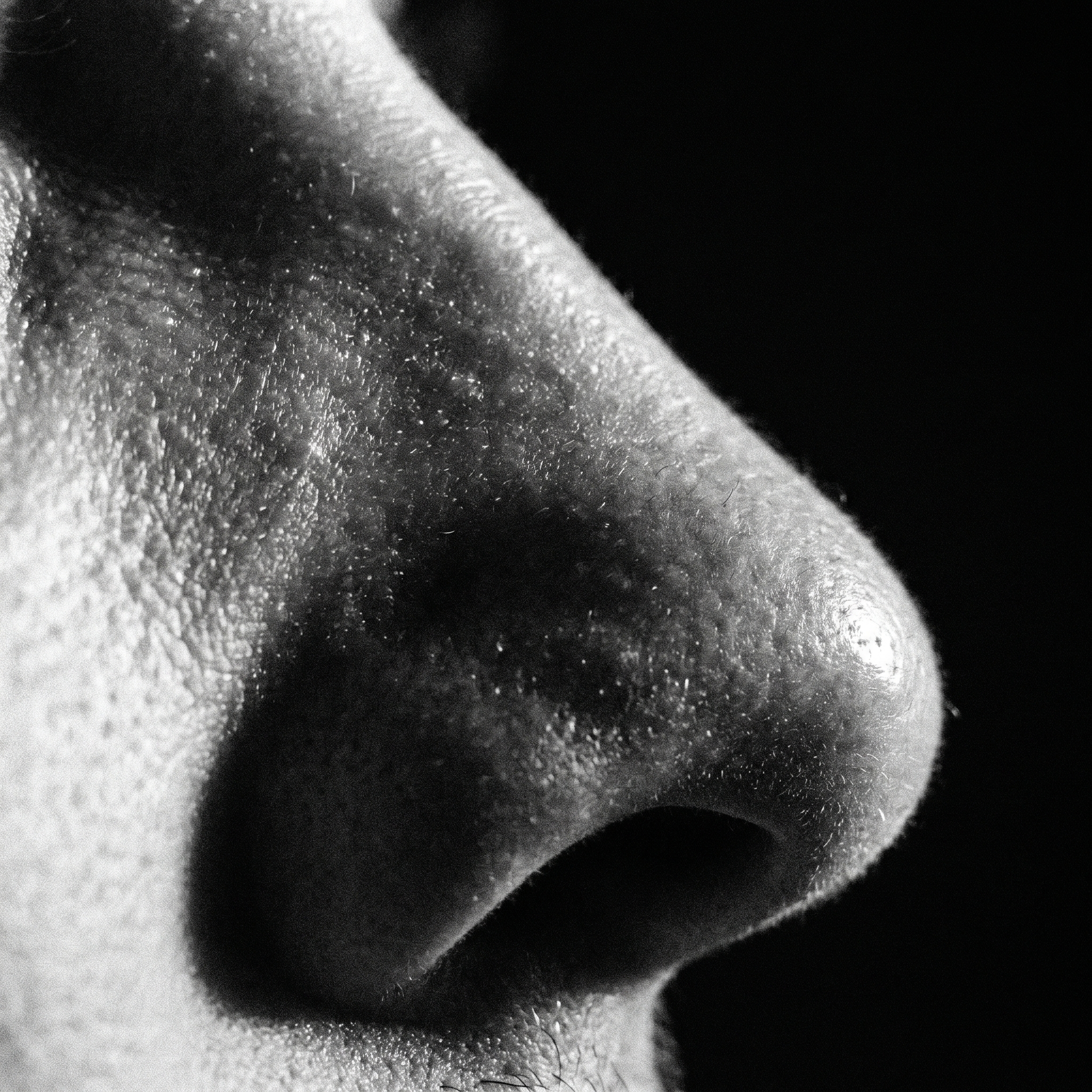 Close-up van een neus die door de neus ademt in zwart-wit.