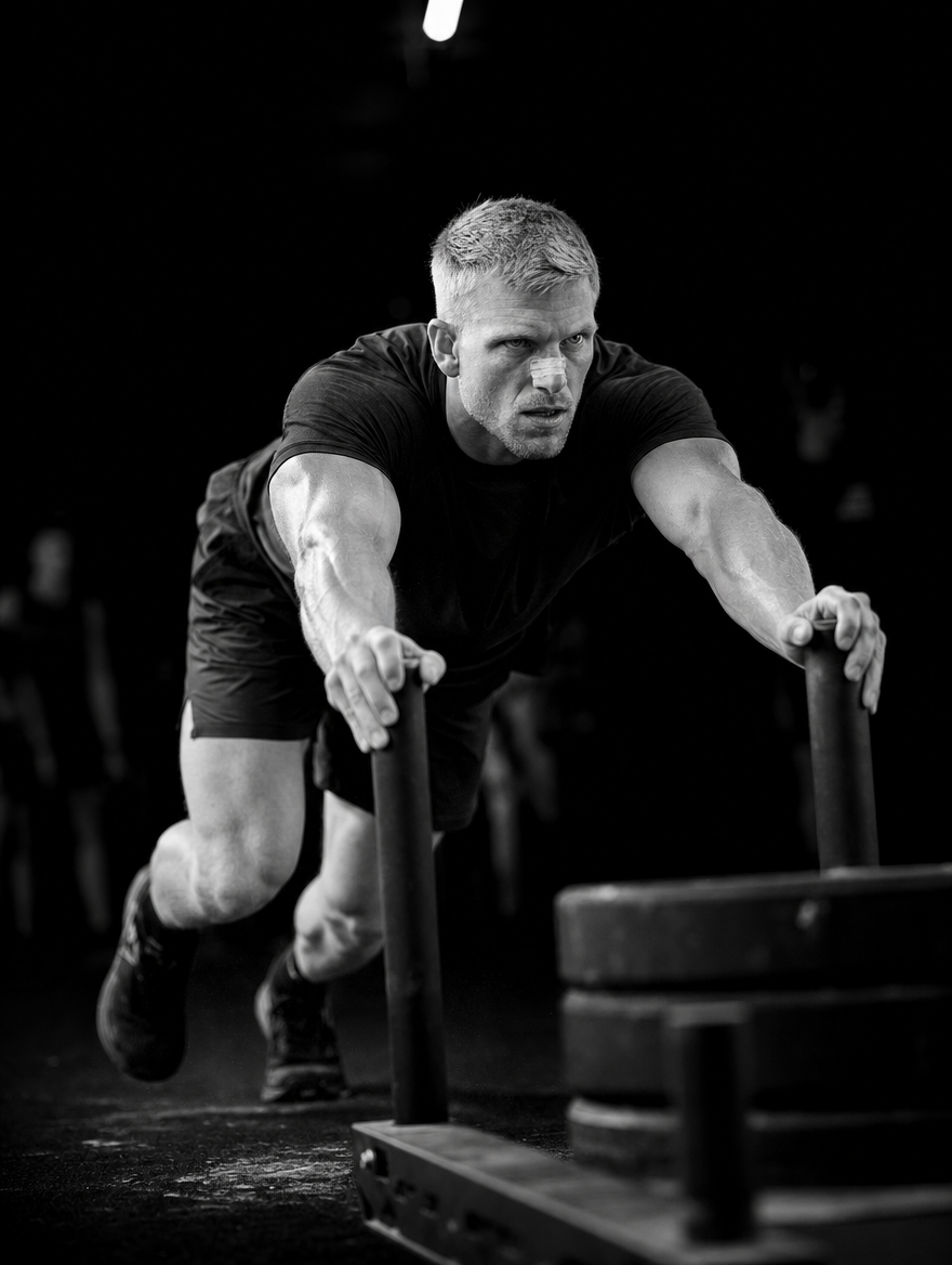 Atleet duwt een sled push tijdens Hyrox training.
