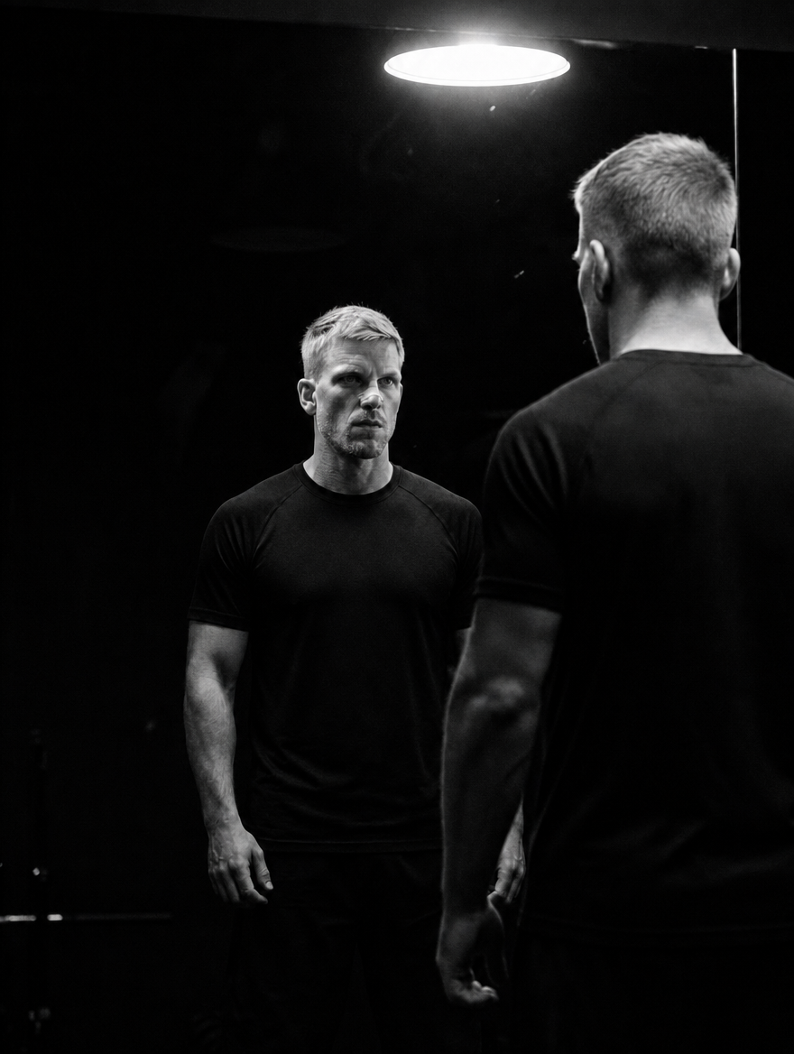Man kijkt in de spiegel in een donkere gym met een CLÆR neusstrip op zijn neus.
