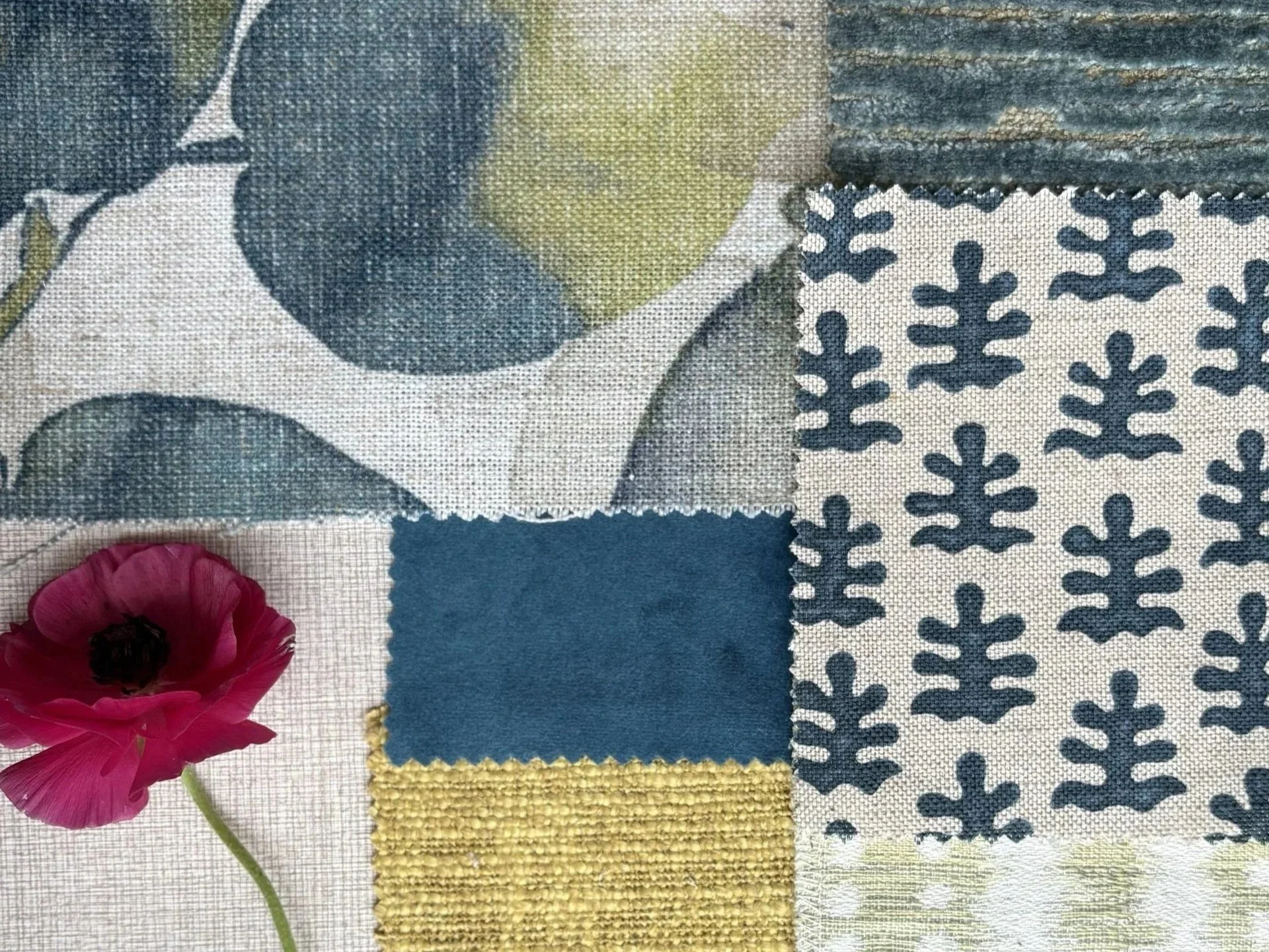 Interior design samples board showing coordinated teal and lime pattern, colour and texture