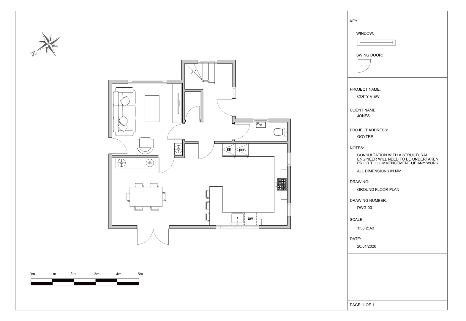 Interior design technical floor plan showing the ground-floor layout, furniture arrangement and spatial planning