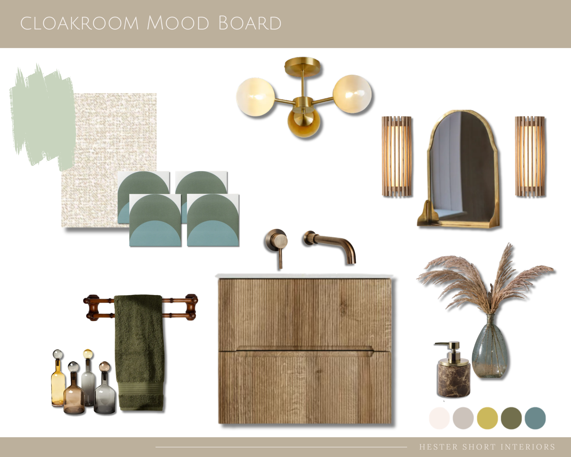 Downstairs-loo-cloakroom interior design mood board combining coordinated colour, pattern, texture, brass finishes, tiles, lighting and furniture