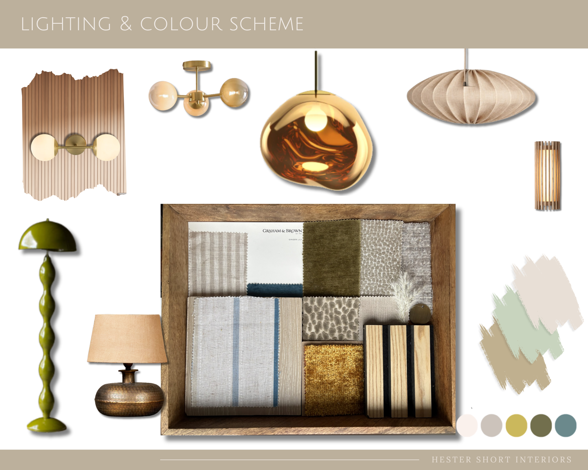 Interior design lighting and colour scheme showing how lighting, fabrics, finishes and colour work together within the design concept