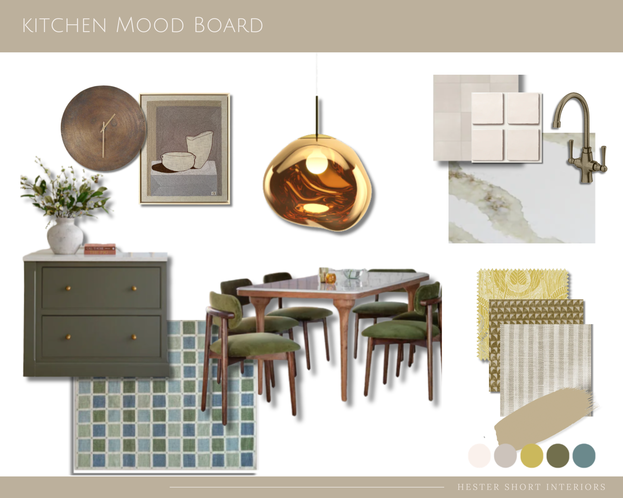 Kitchen interior design mood board developing the concept through coordinated colour, pattern, materials, furniture, lighting and finishes