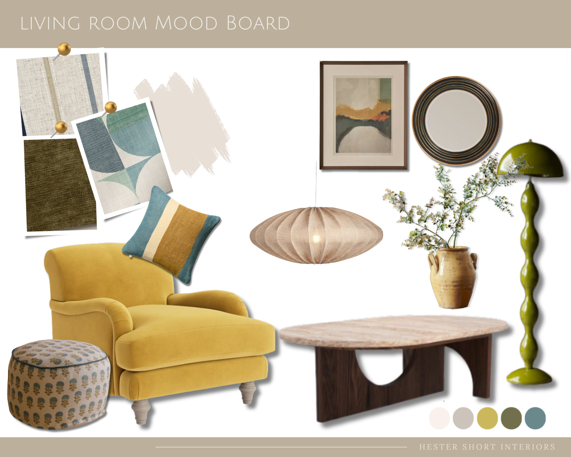 Living room interior design mood board developing a cohesive scheme through colour, pattern, texture, furniture, lighting and materials