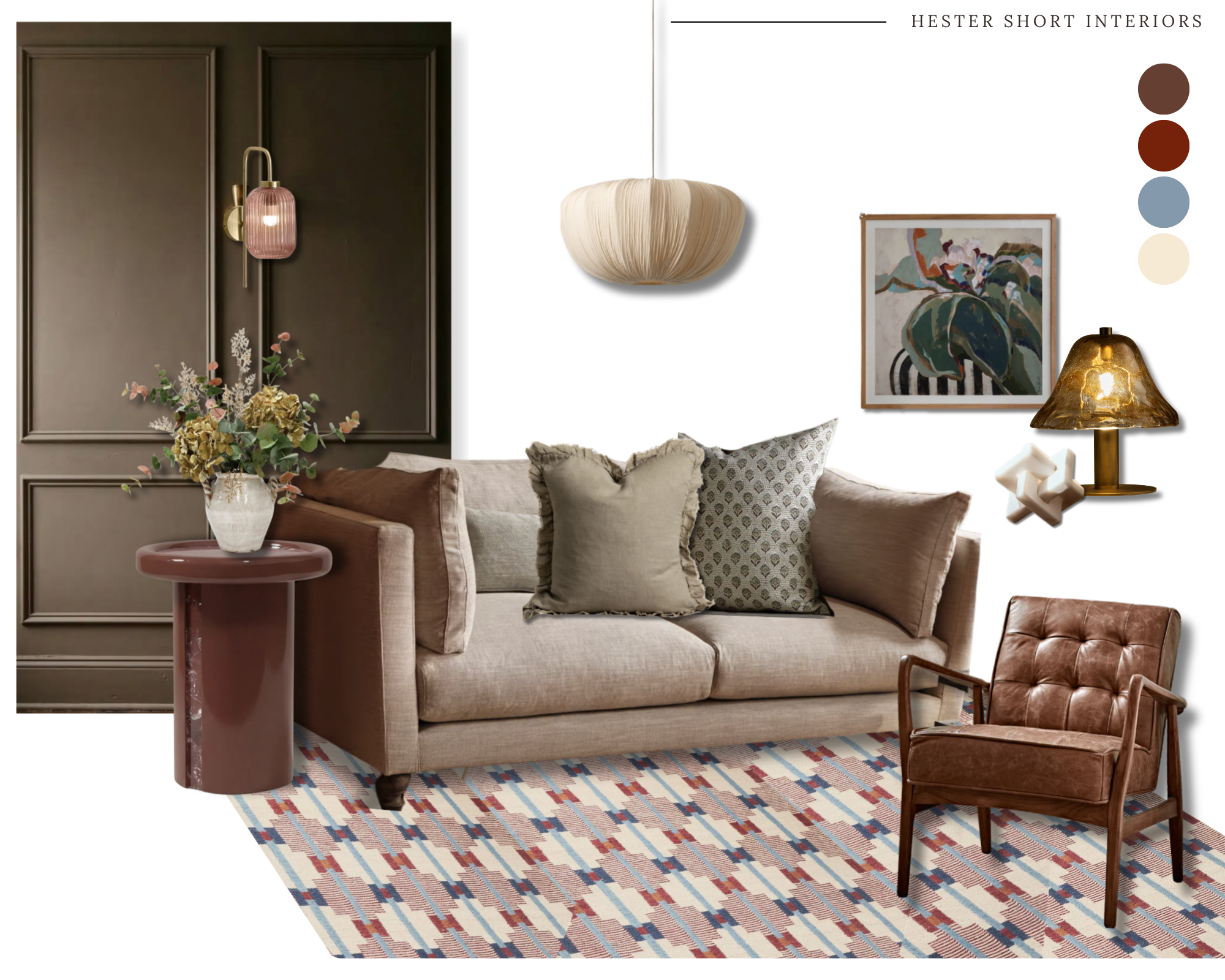 Autumn interior design moodboard featuring warm, earthy tones, layered textures and pattern.