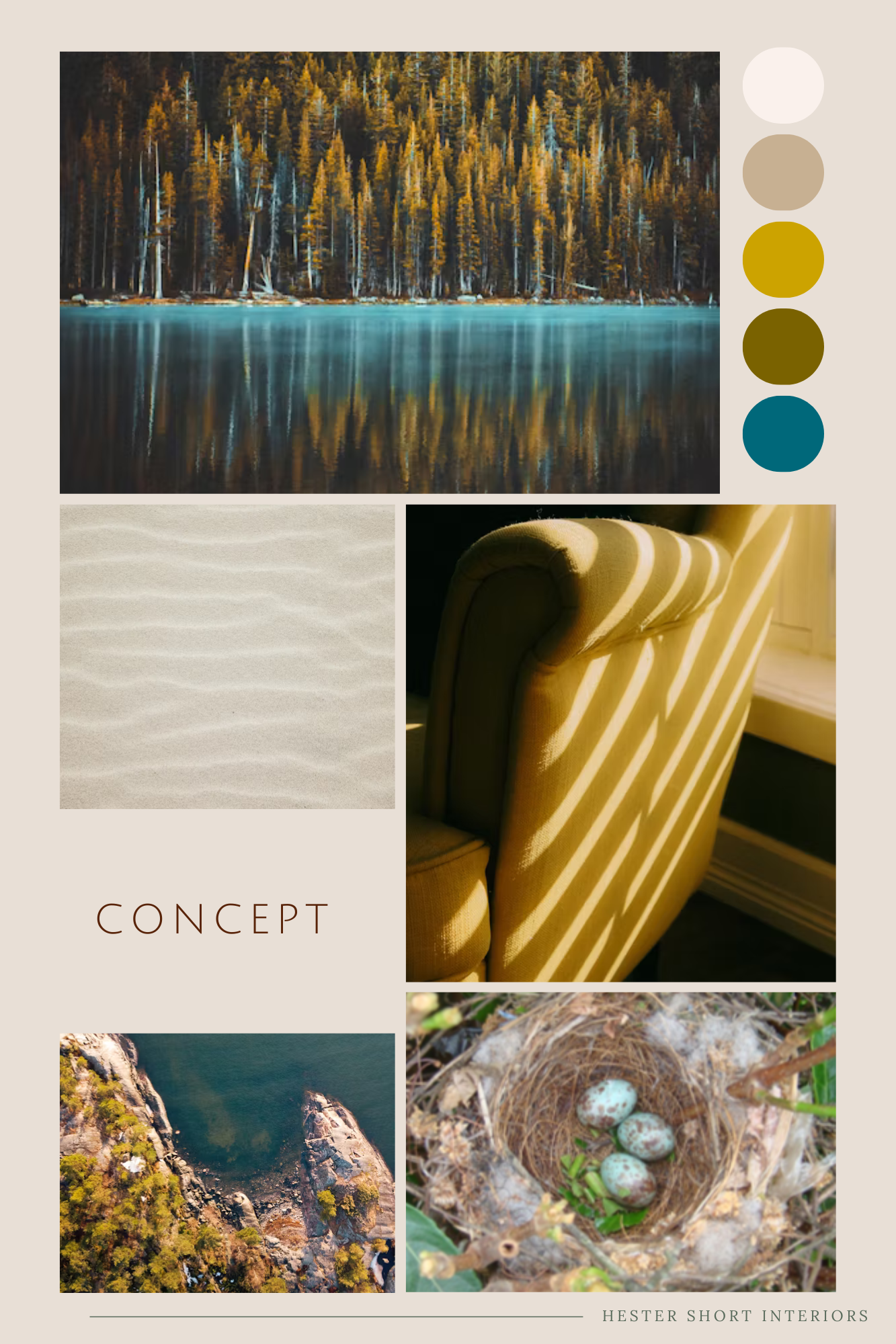 Interior design concept board combining natural textures, light reflections, and an earthy, muted teal and ochre palette to establish the design direction