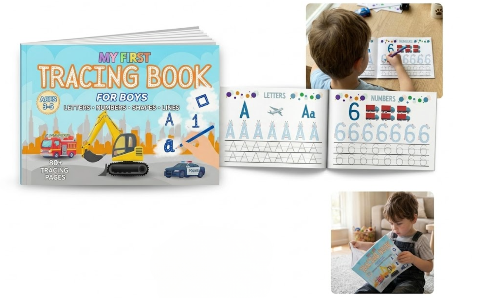 A children's tracing book titled "My First Tracing Book for Boys" featuring vehicles and construction equipment on the cover, with sample pages showing letters and numbers for tracing, and children engaging with the book by practicing writing and reading.