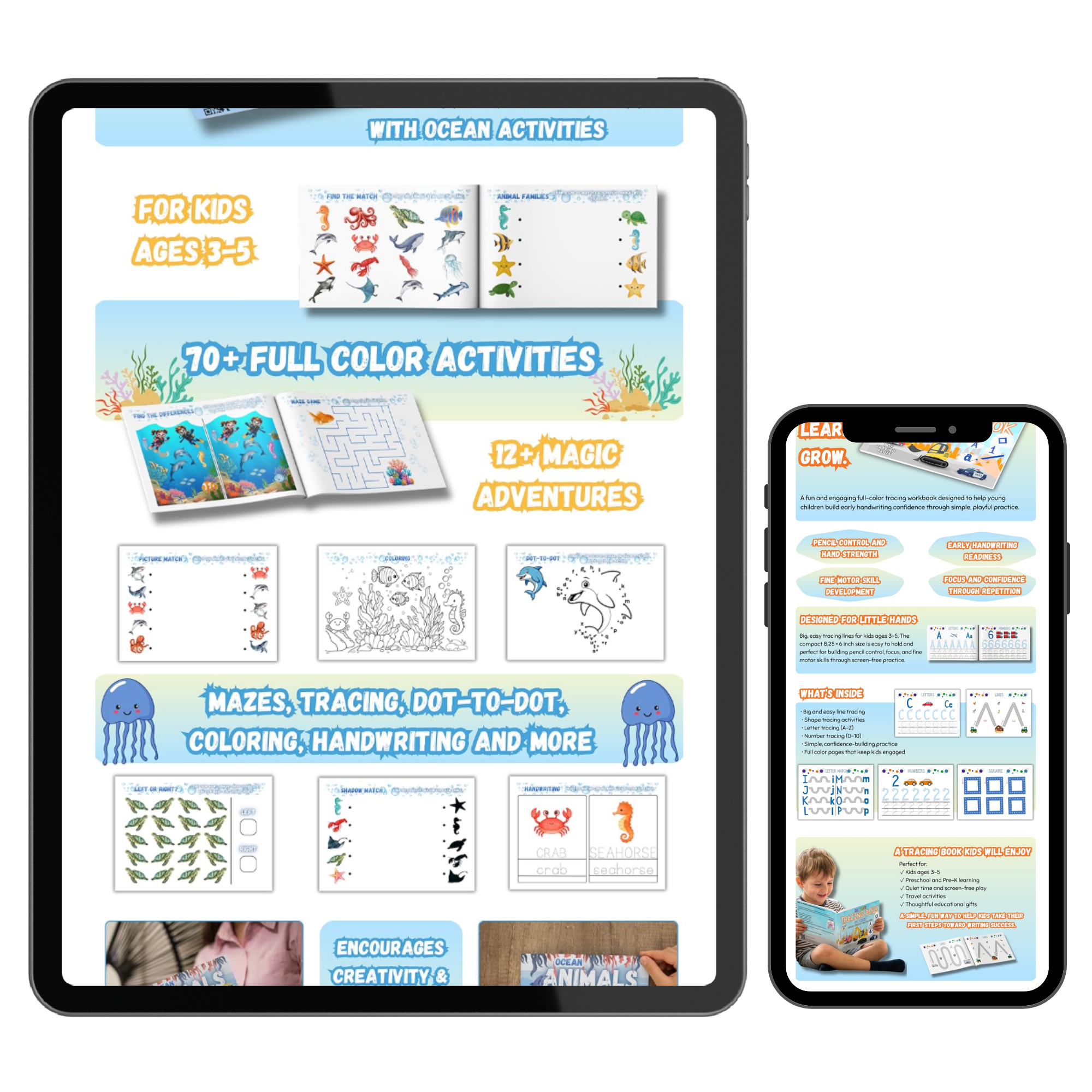 Advertisement for ocean-themed educational activities for children ages 3 to 5, including coloring pages, tracing, and puzzles, with colorful illustrations of sea creatures like fish, octopuses, and seahorses.