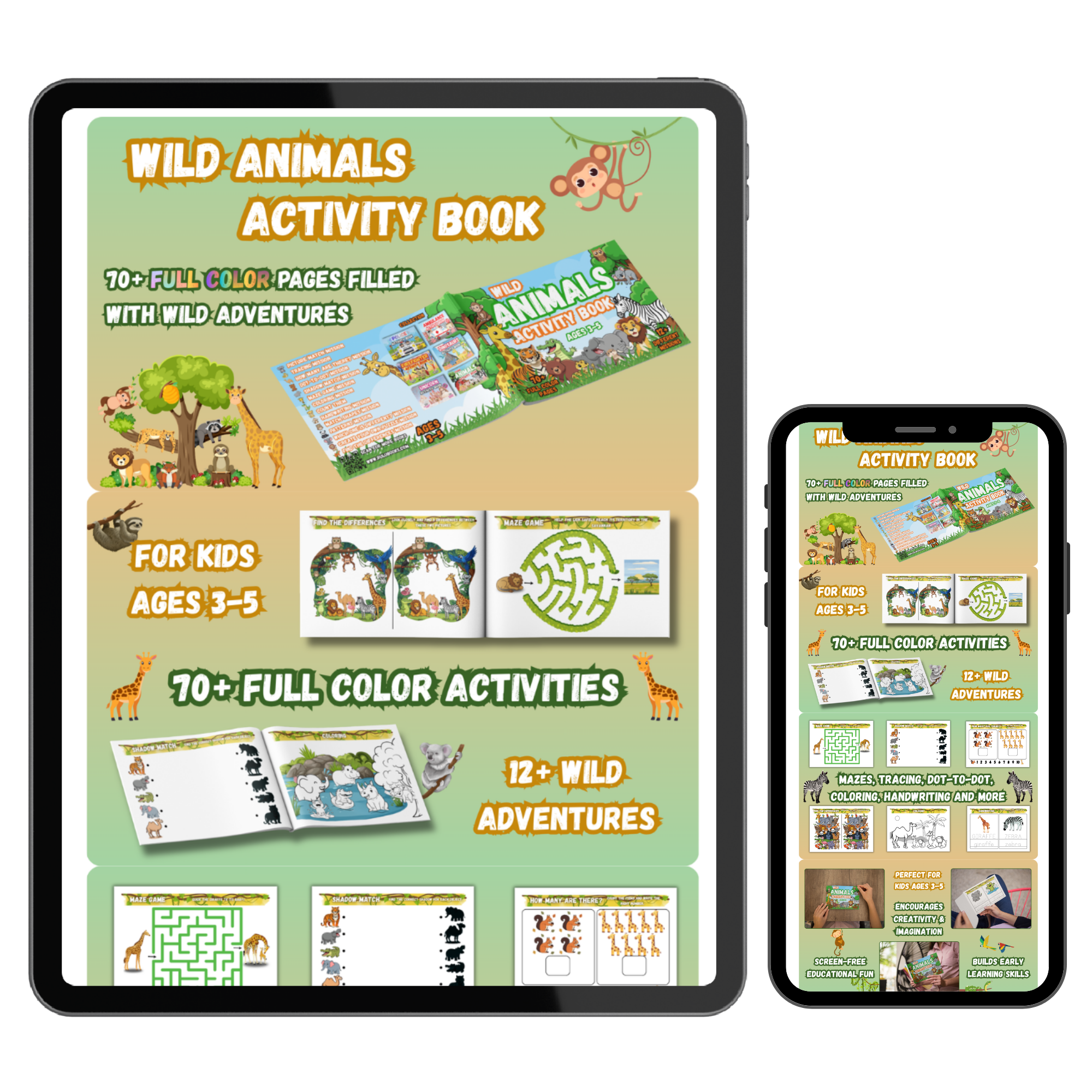 Cover of a children's activity book titled 'Wild Animals Activity Book' with colorful illustrations of wild animals such as lions, tigers, elephants, and giraffes, indicating it contains over 70 full-color pages of adventures suitable for children aged 3-5.