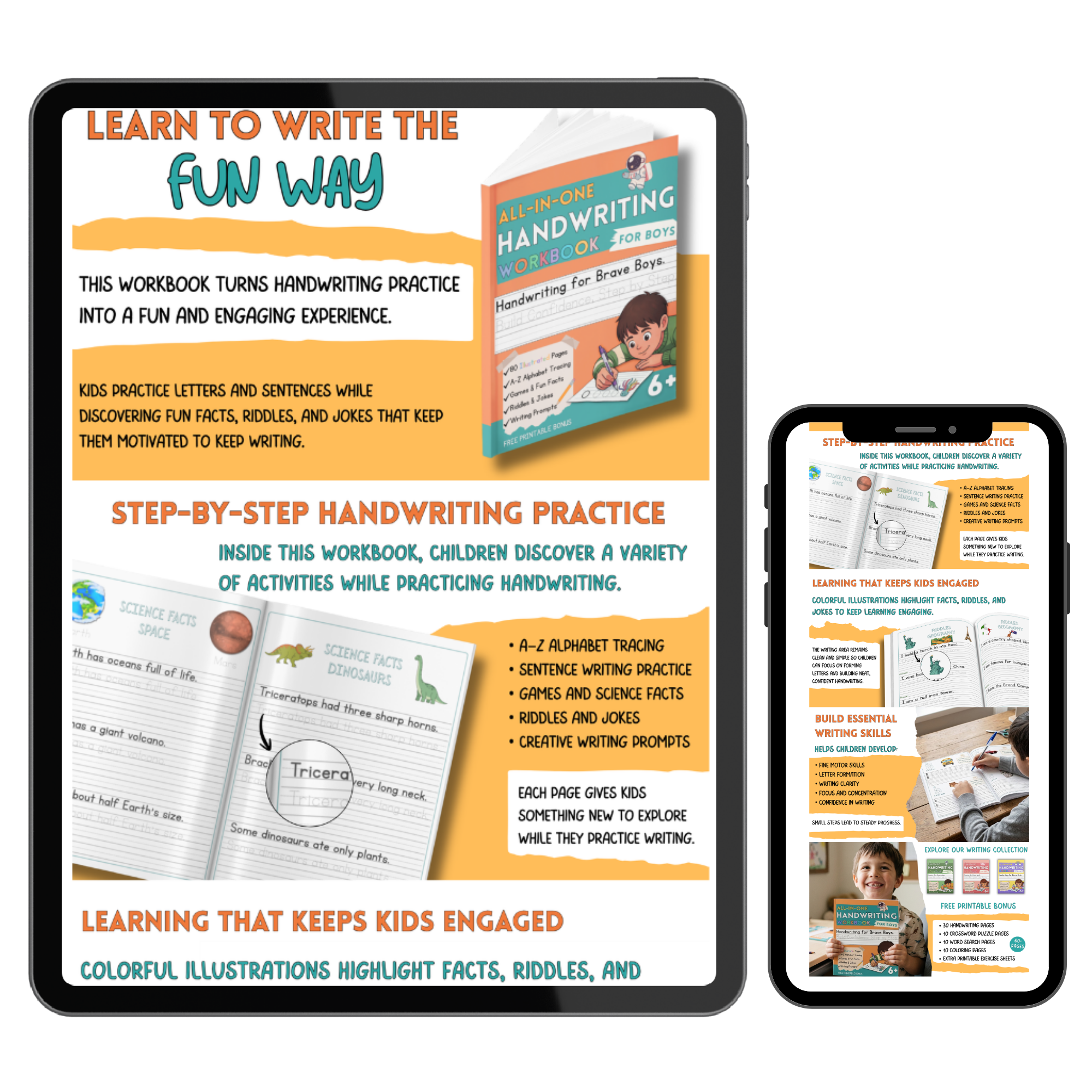 Cover of a handwriting workbook for boys titled 'All-in-One Handwriting Workbook for Boys' with a boy drawing at a desk and colorful illustrations.