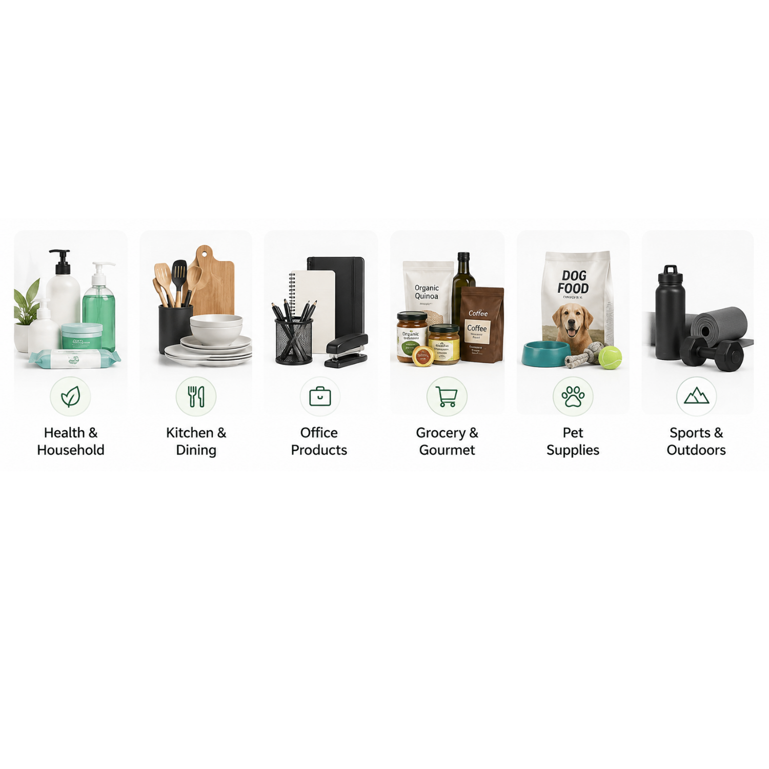 Categorized home and lifestyle products with icons and labels for Health & Household, Kitchen & Dining, Office Products, Grocery & Gourmet, Pet Supplies, Sports & Outdoors.