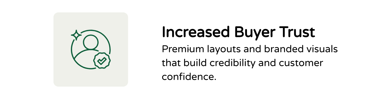 Icon of a person with a checkmark badge, next to the text 'Increased Buyer Trust' and a description about premium layouts and branded visuals building credibility and customer confidence.