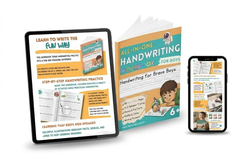 An educational handwriting workbook for boys displayed on a tablet and a smartphone, featuring colorful illustrations and practice activities.
