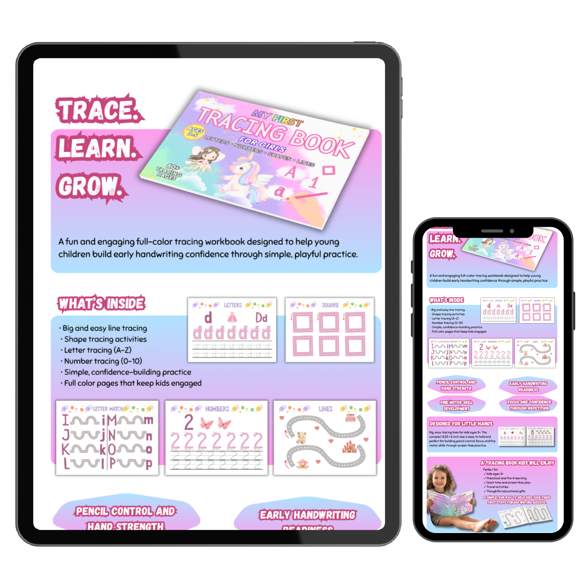 A colorful advertisement for a children's tracing workbook featuring unicorns, rainbows, and pastel colors with sections on letter and number tracing, shape activities, and early handwriting skills.