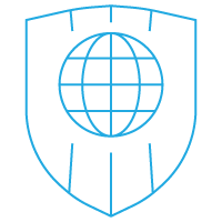 Illustration of a globe inside a shield with a digital grid background