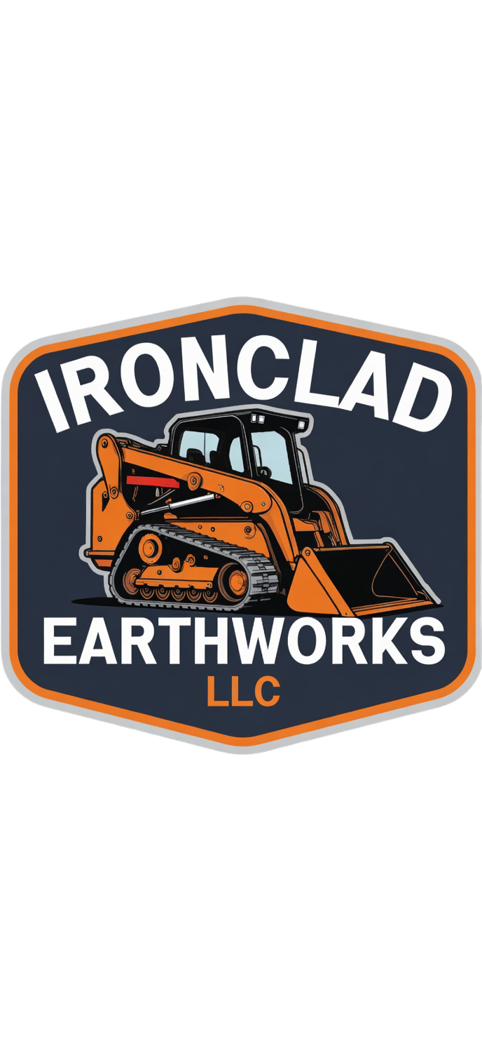 Logo for Ironclad Earthworks LLC featuring an orange and black bulldozer inside a dark hexagonal border with orange trim. Fox valley  Wisconsin.