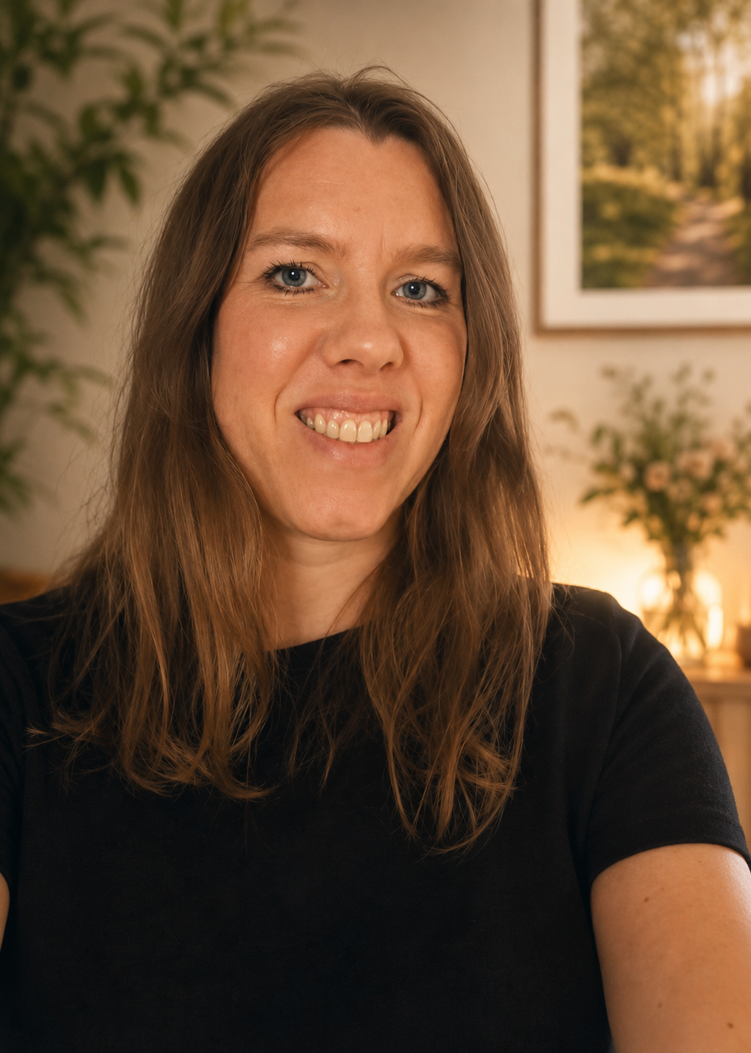 Ein lächelnder Frauenportrait mit langen braunen Haaren, im Hintergrund eine Wand mit einem Landschaftsfoto und einer Pflanze.