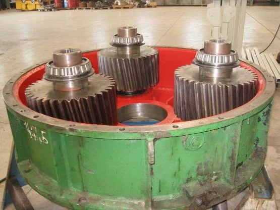 Vertical shaft gearbox awaiting overhaul