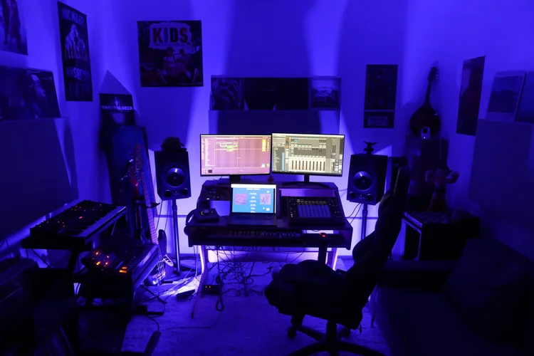 Blndman Records control room with monitors, keyboards and recording equipment