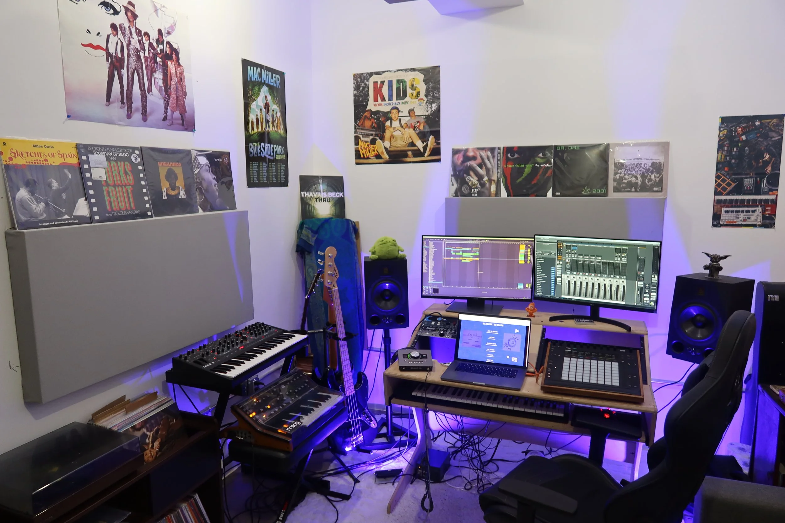 Wide view of the new BLNDMAN Records studio with natural window light, speakers and recording desk