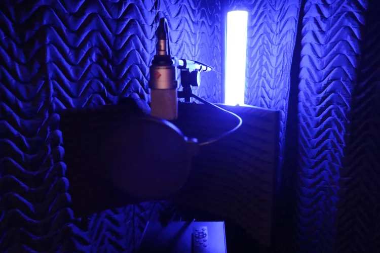 Microphone and pop filter inside the treated Blndman Records vocal booth