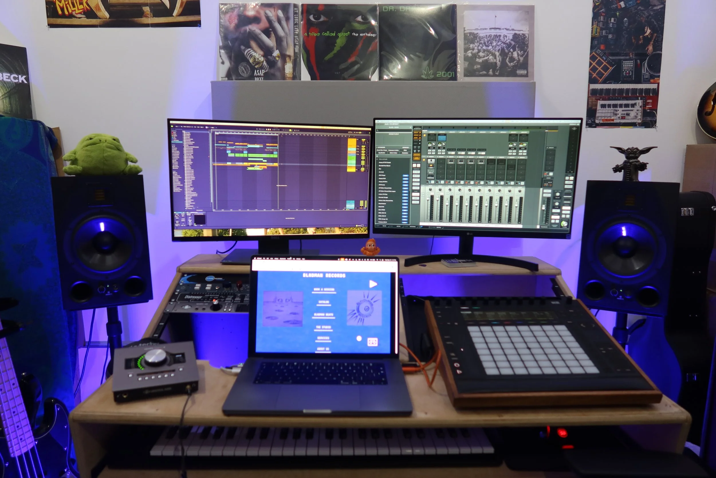 BLNDMAN Records studio workstation with keyboards and recording equipment in natural light
